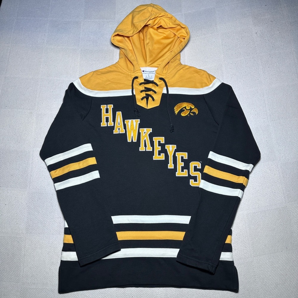 Champion Iowa Hawkeyes Hoodie Mens Small Lace Up Hockey Jersey Black Yellow
